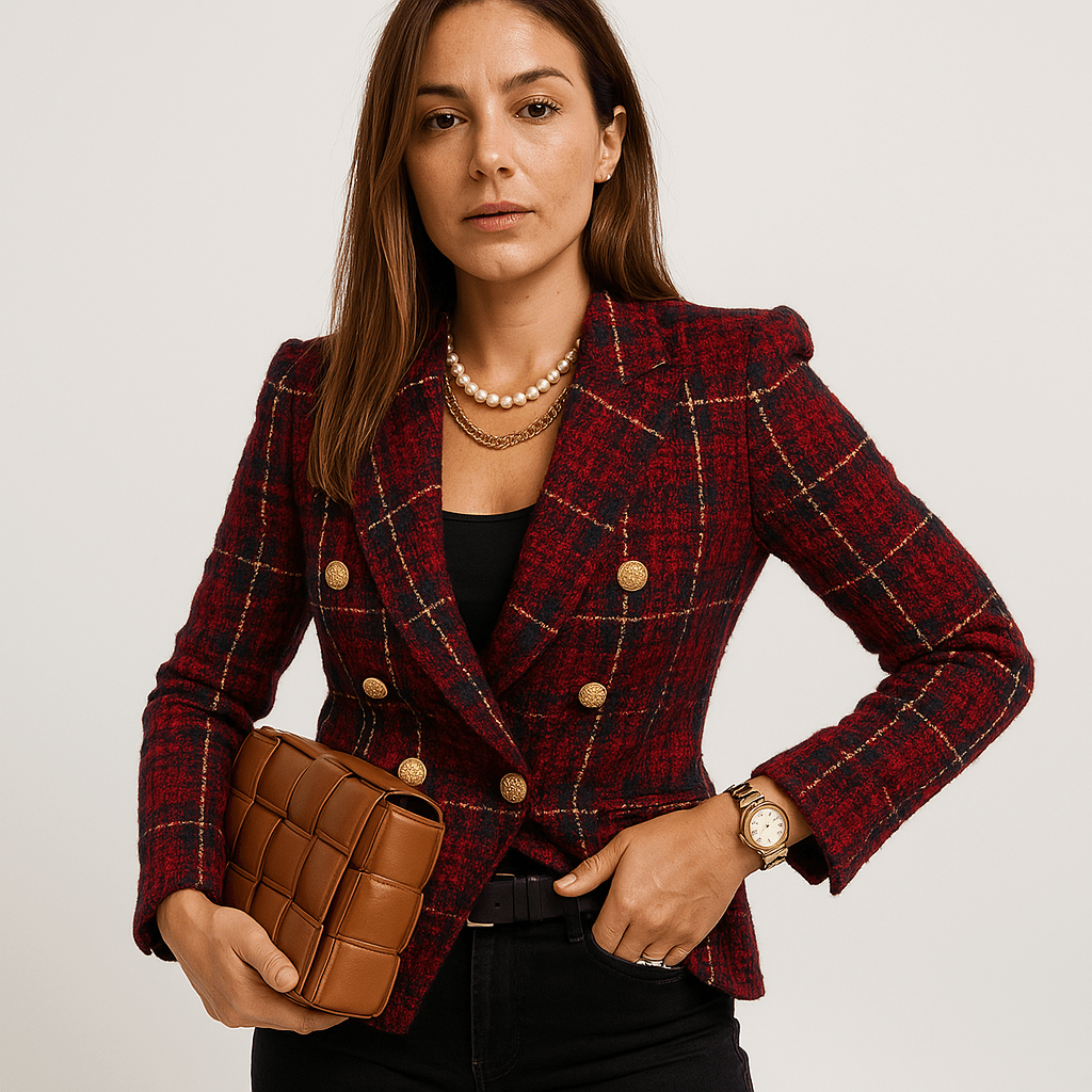 WW | Blazer in Karomuster Camel & Schwarz Mit Goldenen Knöpfen Strukturierte Eleganz