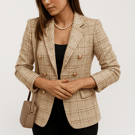 WW | Blazer in Karomuster Camel & Schwarz Mit Goldenen Knöpfen Strukturierte Eleganz