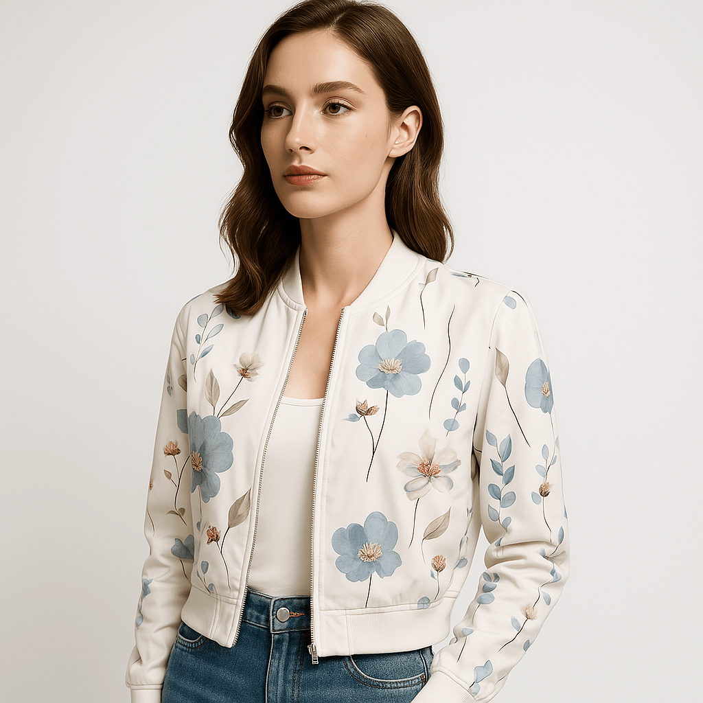 WW | Light and Elegant Floral Bomber White Perfect for Spring