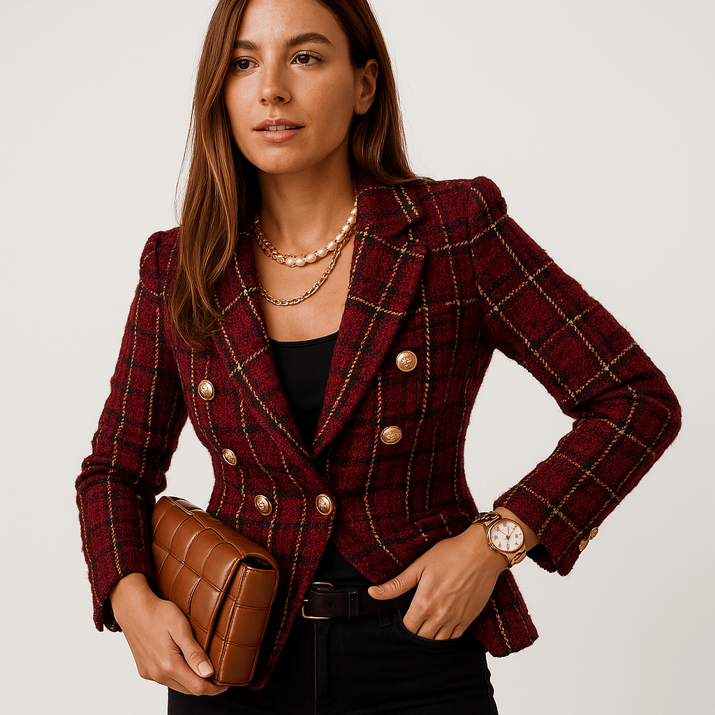 WW | Blazer in Karomuster Camel & Schwarz Mit Goldenen Knöpfen Strukturierte Eleganz