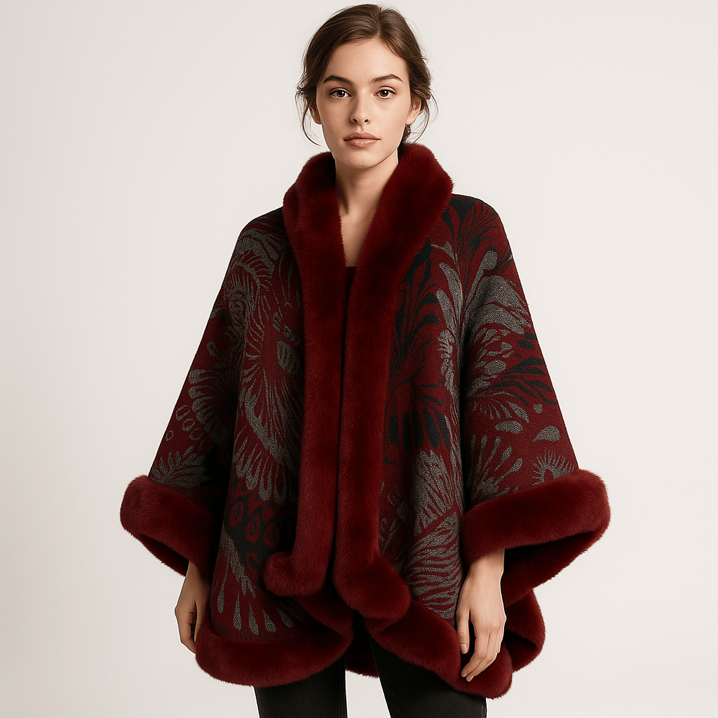 WW | Cape und Jacquard Weiches Pfauenmuster Elegante Bordüre mit Kunstfell