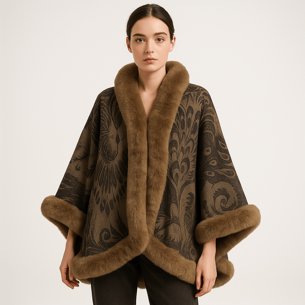 WW | Cape und Jacquard Weiches Pfauenmuster Elegante Bordüre mit Kunstfell