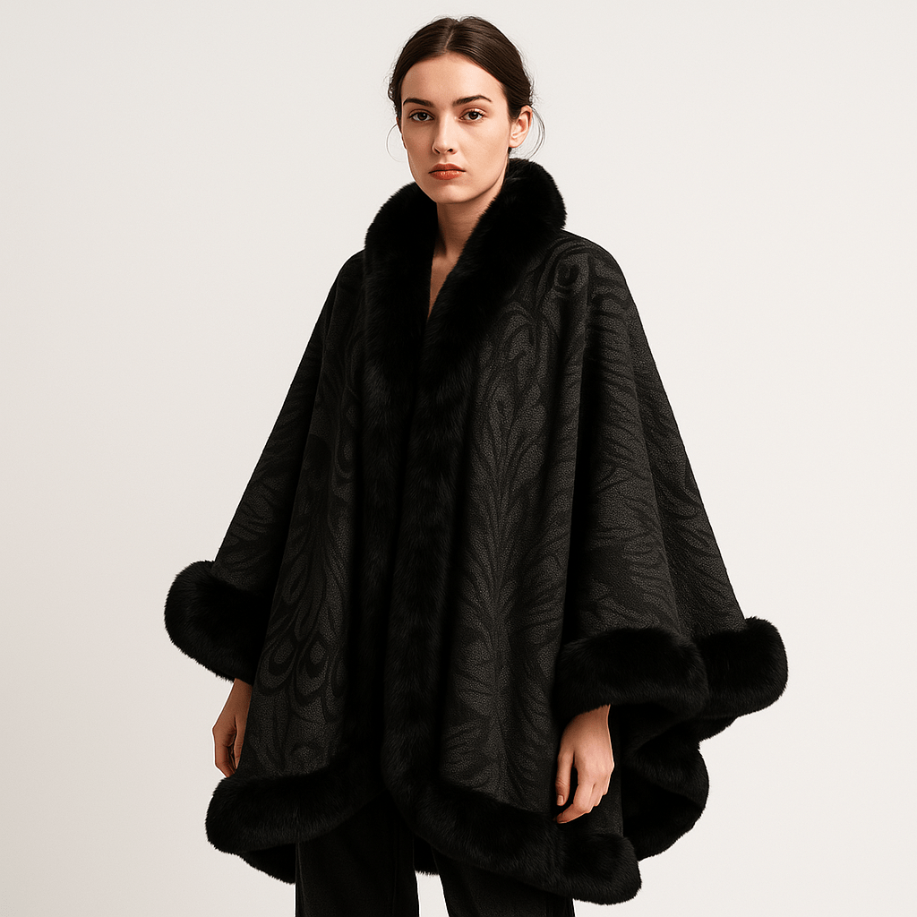 WW | Cape and Jacquard Soft Peacock Pattern Elegant Border with Faux Fur