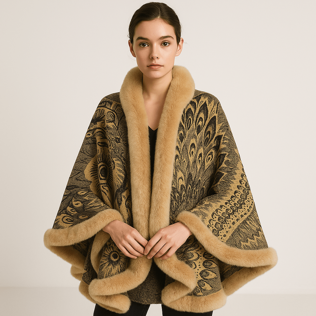 WW | Cape und Jacquard Weiches Pfauenmuster Elegante Bordüre mit Kunstfell