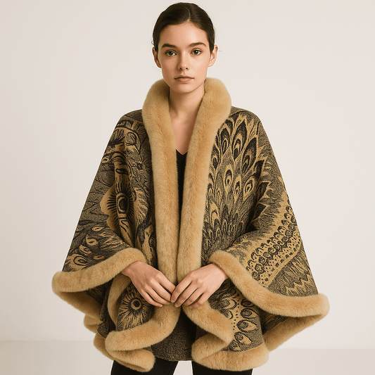 WW | Cape und Jacquard Weiches Pfauenmuster Elegante Bordüre mit Kunstfell