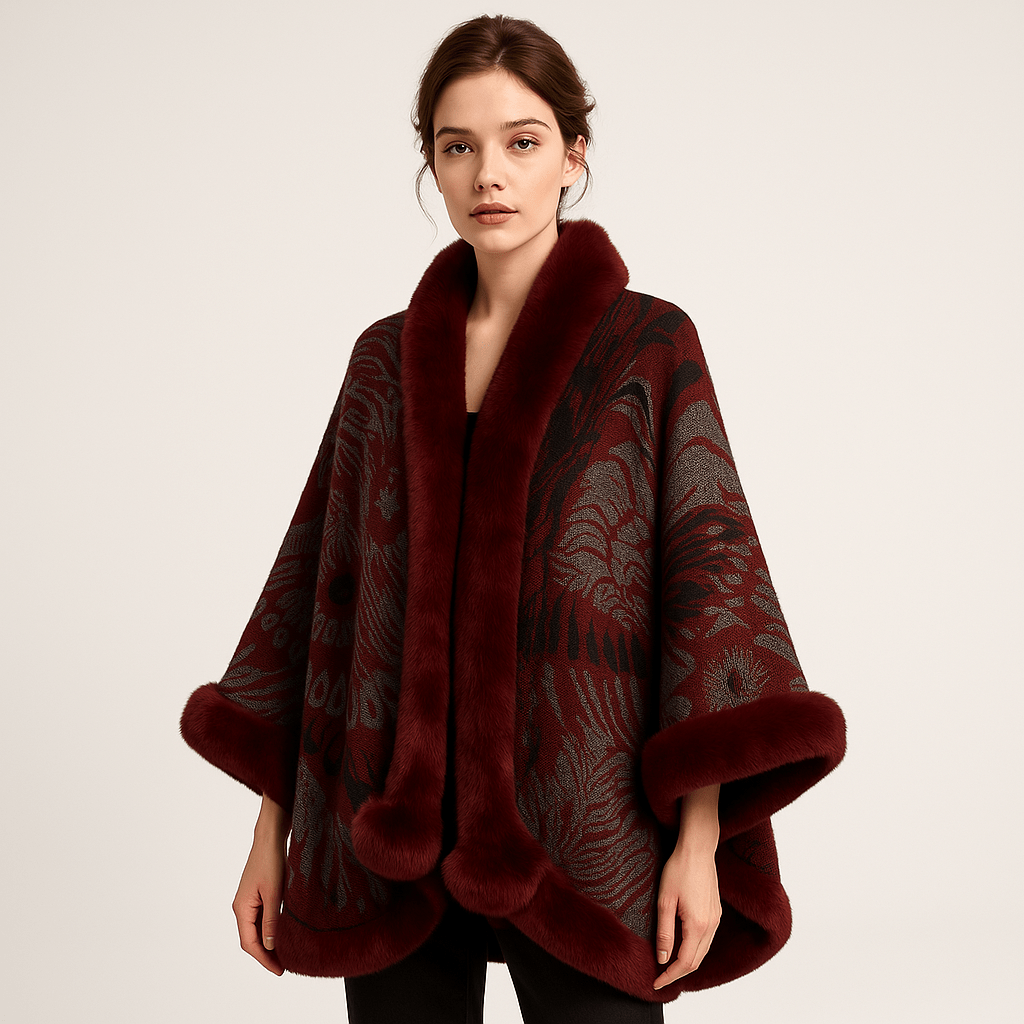 WW | Cape and Jacquard Soft Peacock Pattern Elegant Border with Faux Fur
