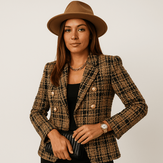 WW | Checked Blazer in Camel & Black with Gold Buttons Structured Elegance