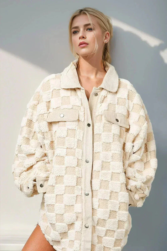 WW | Oversized & Cozy Plaid Ecru Fleece Shirt