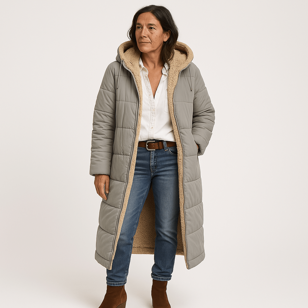 WW | Long Quilted Khaki Coat With Warm Faux-Fur Lining Perfect for Winter