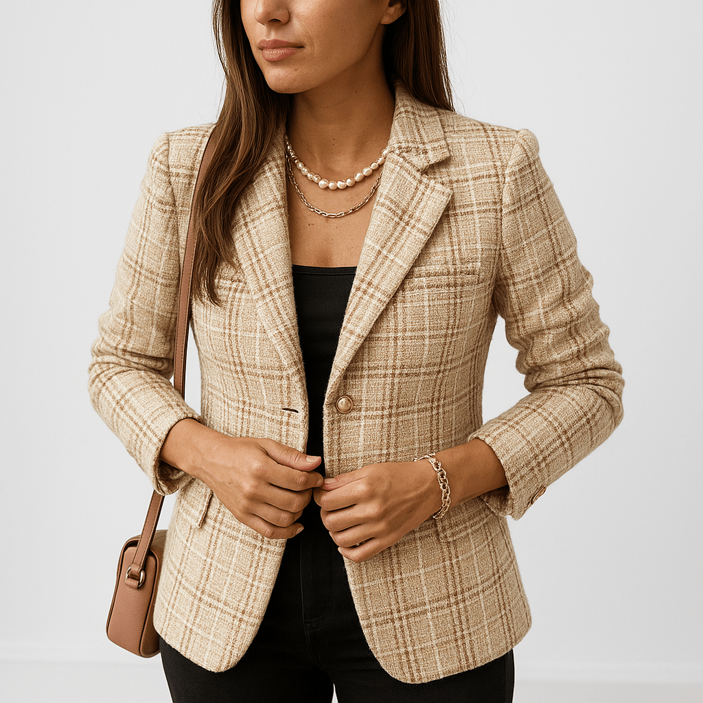 WW | Blazer in Karomuster Camel & Schwarz Mit Goldenen Knöpfen Strukturierte Eleganz