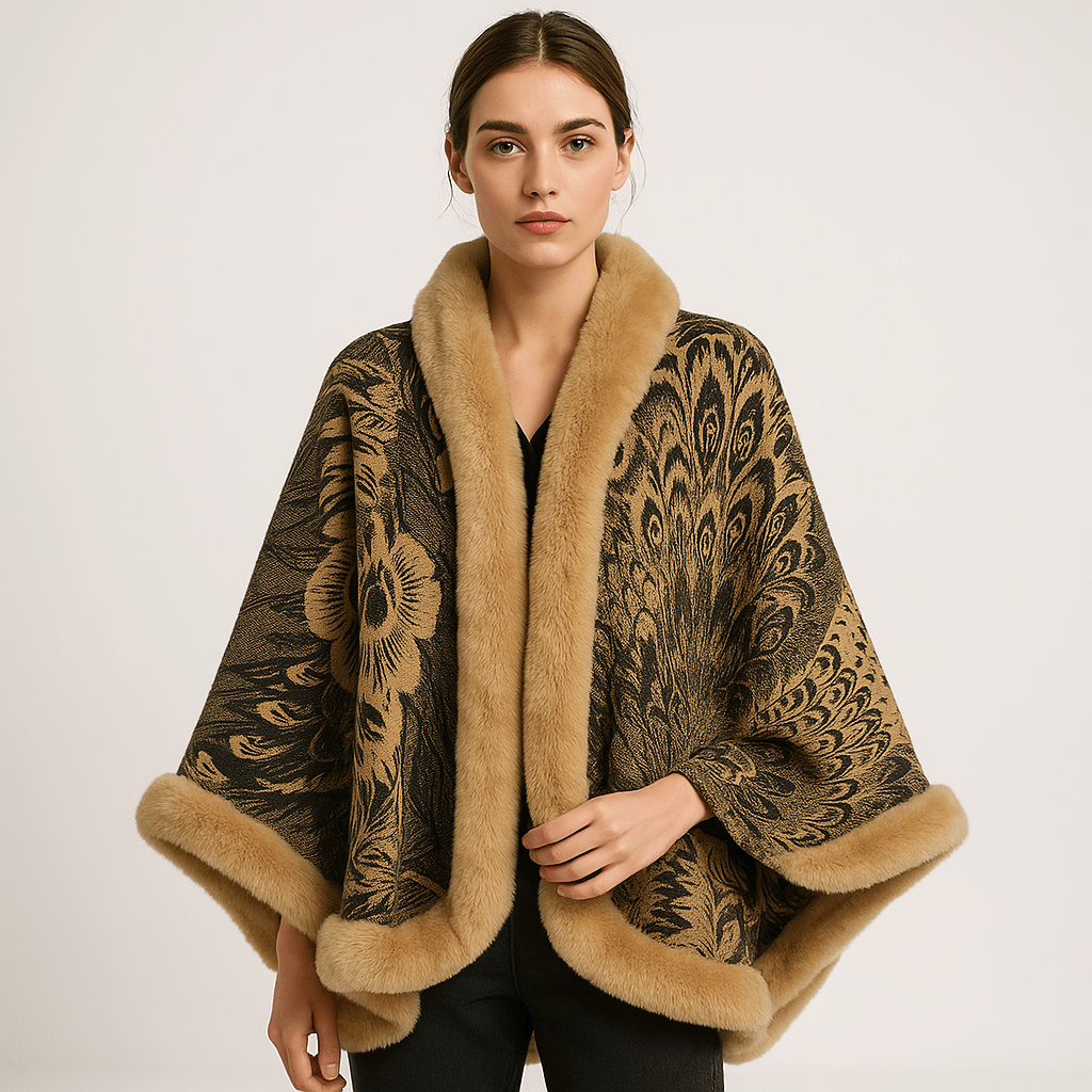 WW | Cape und Jacquard Weiches Pfauenmuster Elegante Bordüre mit Kunstfell