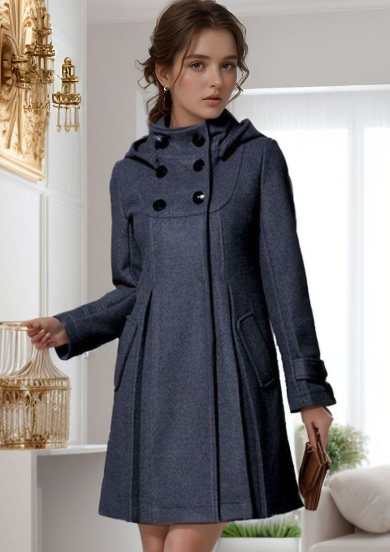WW | Elegant and Structured Petrol Blue Peplum Hooded Coat
