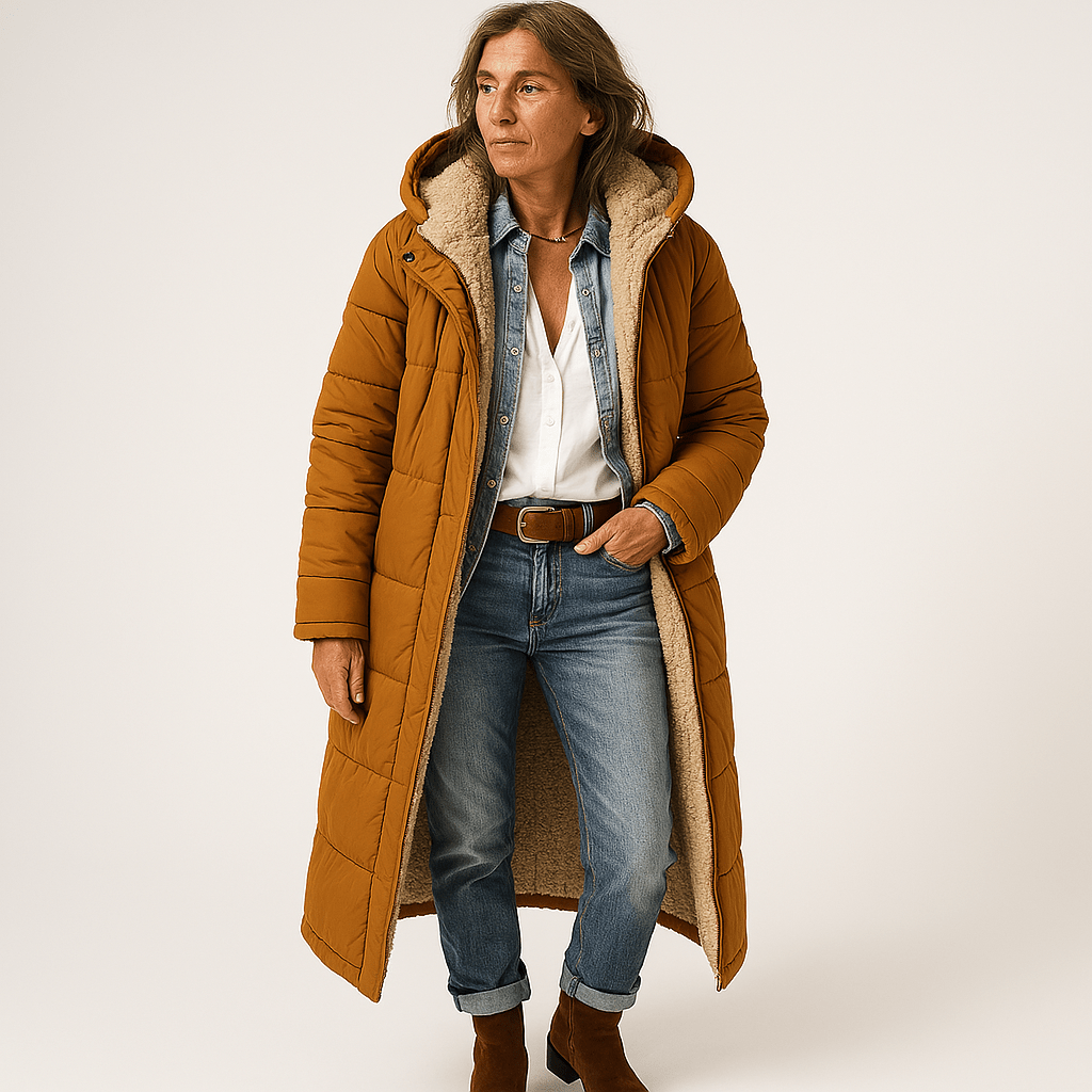 WW | Long Quilted Khaki Coat With Warm Faux-Fur Lining Perfect for Winter