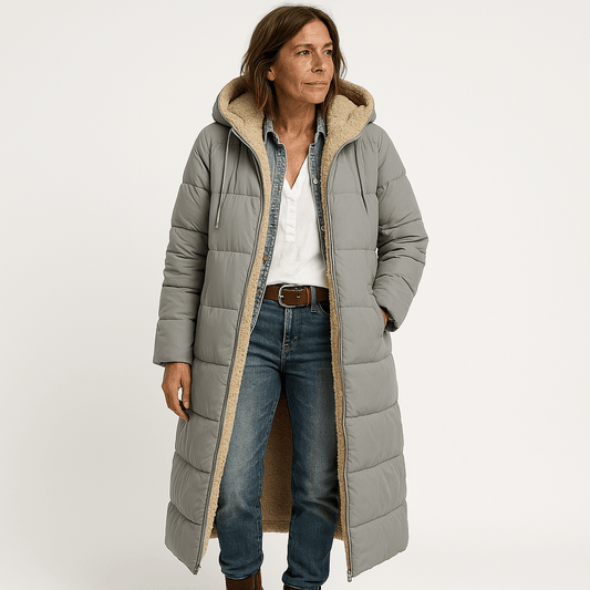 WW | Langer Steppmantel Khaki Mit Warmem Futter aus Faux-Fur Perfekt für den Winter