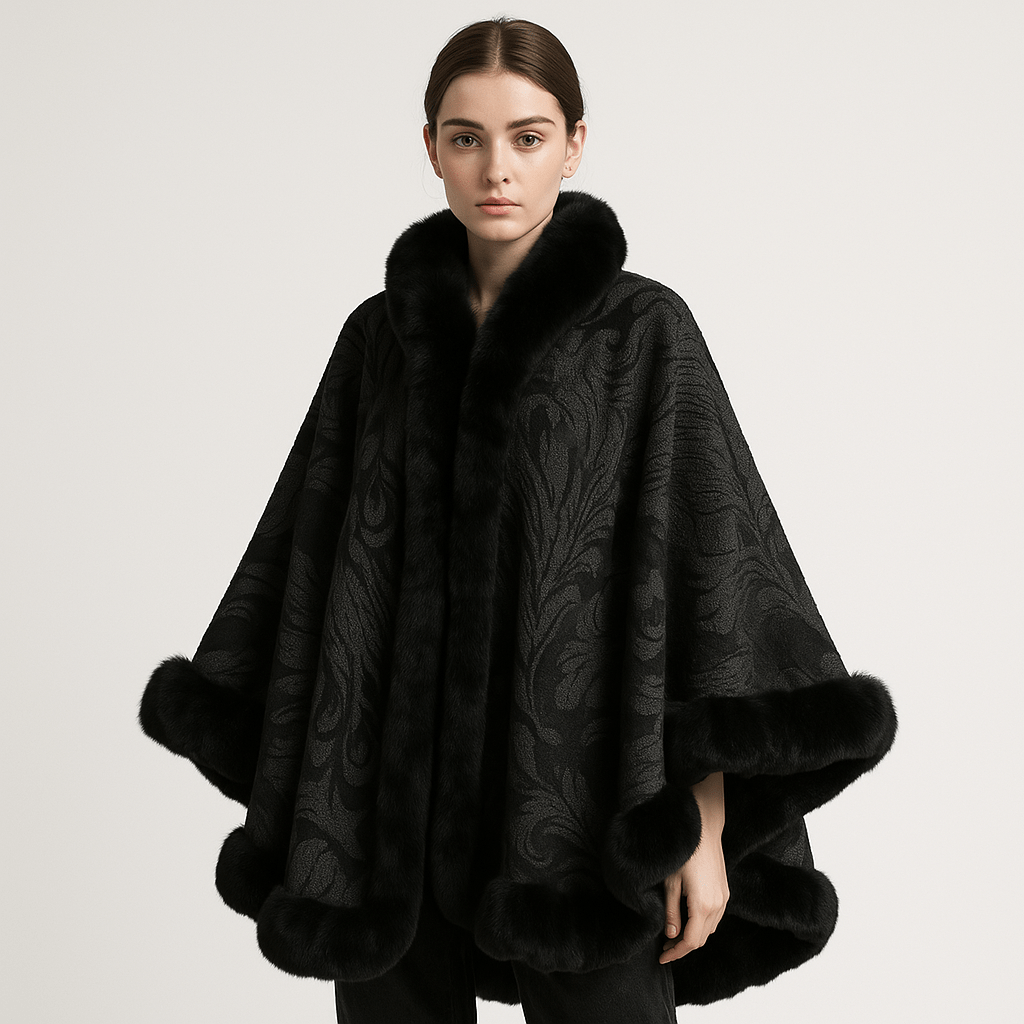 WW | Cape and Jacquard Soft Peacock Pattern Elegant Border with Faux Fur