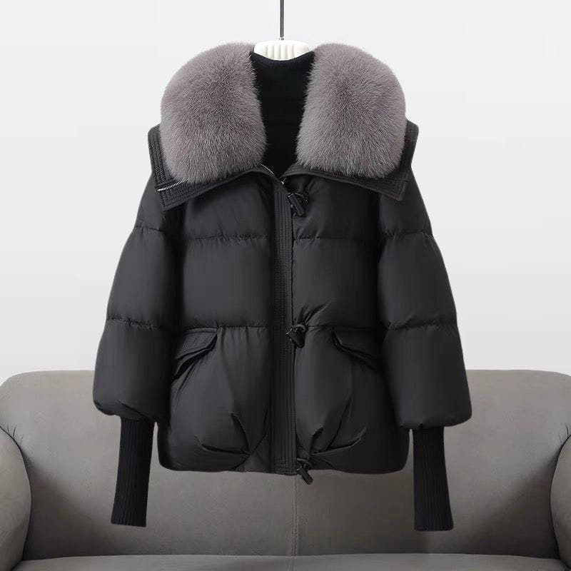 WW | Short down jacket with elegant black fur collar, warm and trendy