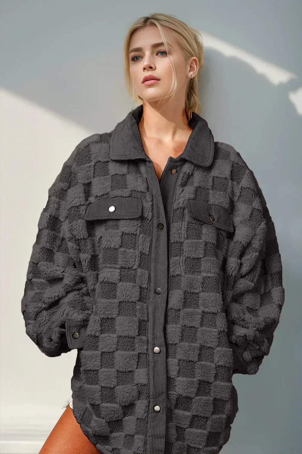 WW | Oversized & Cozy Plaid Ecru Fleece Shirt