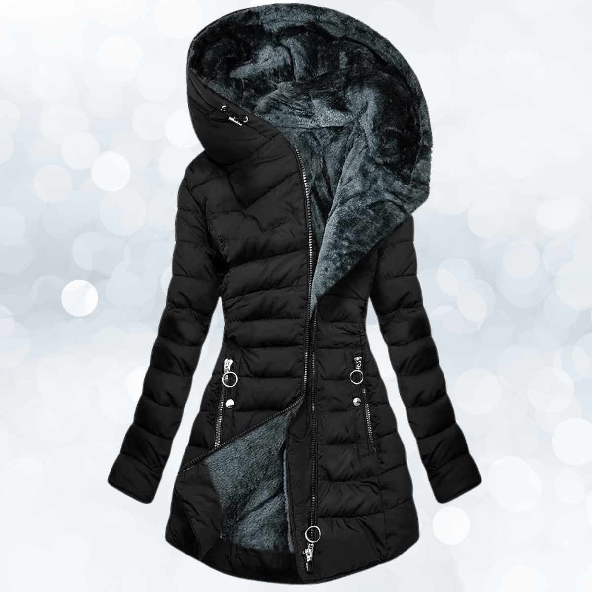WW | Long quilted jacket with hood in dark green, ultra-warm faux fur lining