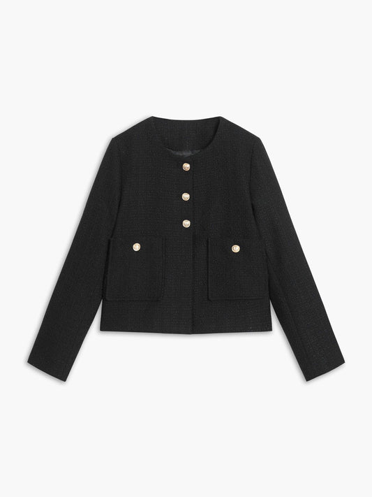 WW | Kurze schwarze Jacke mit goldenen Knöpfen minimalistische Eleganz schick & strukturiert