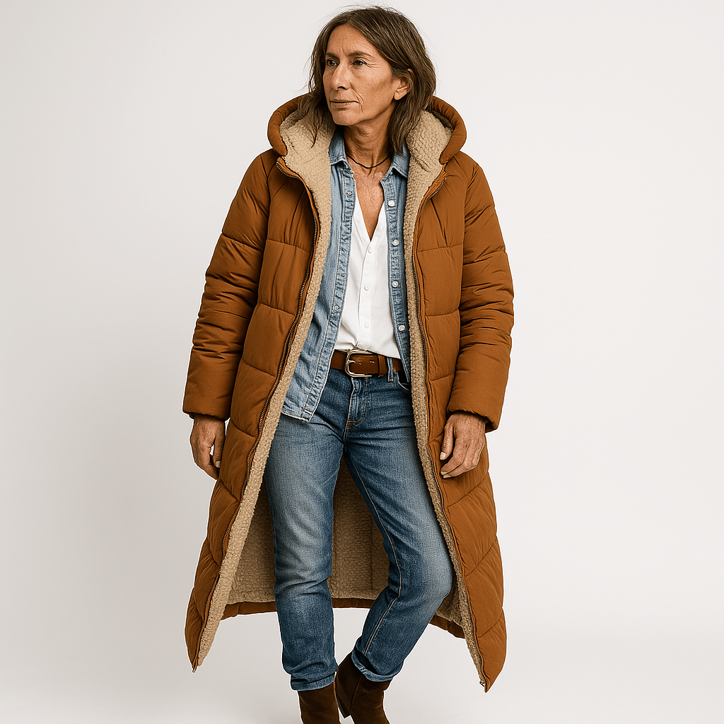 WW | Langer Steppmantel Khaki Mit Warmem Futter aus Faux-Fur Perfekt für den Winter
