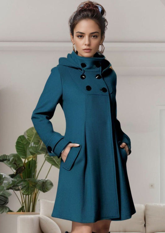 WW | Elegant and Structured Petrol Blue Peplum Hooded Coat