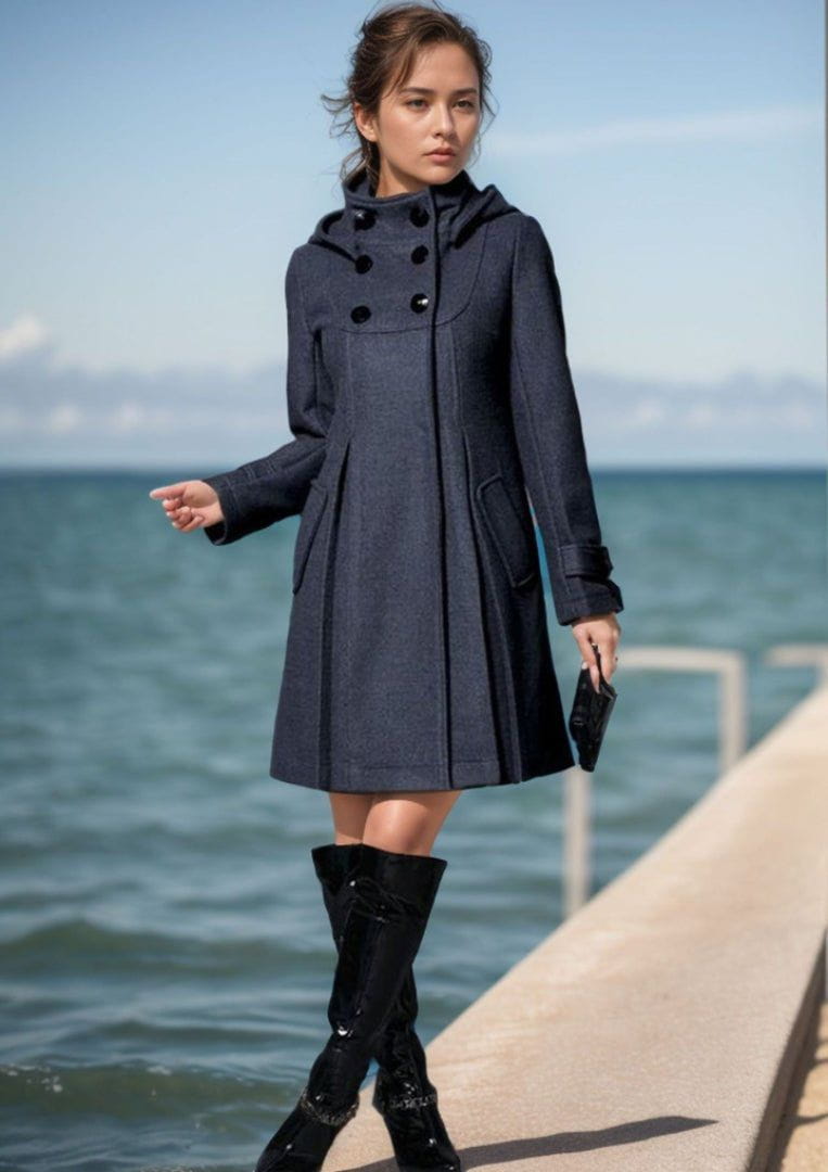 WW | Elegant and Structured Petrol Blue Peplum Hooded Coat