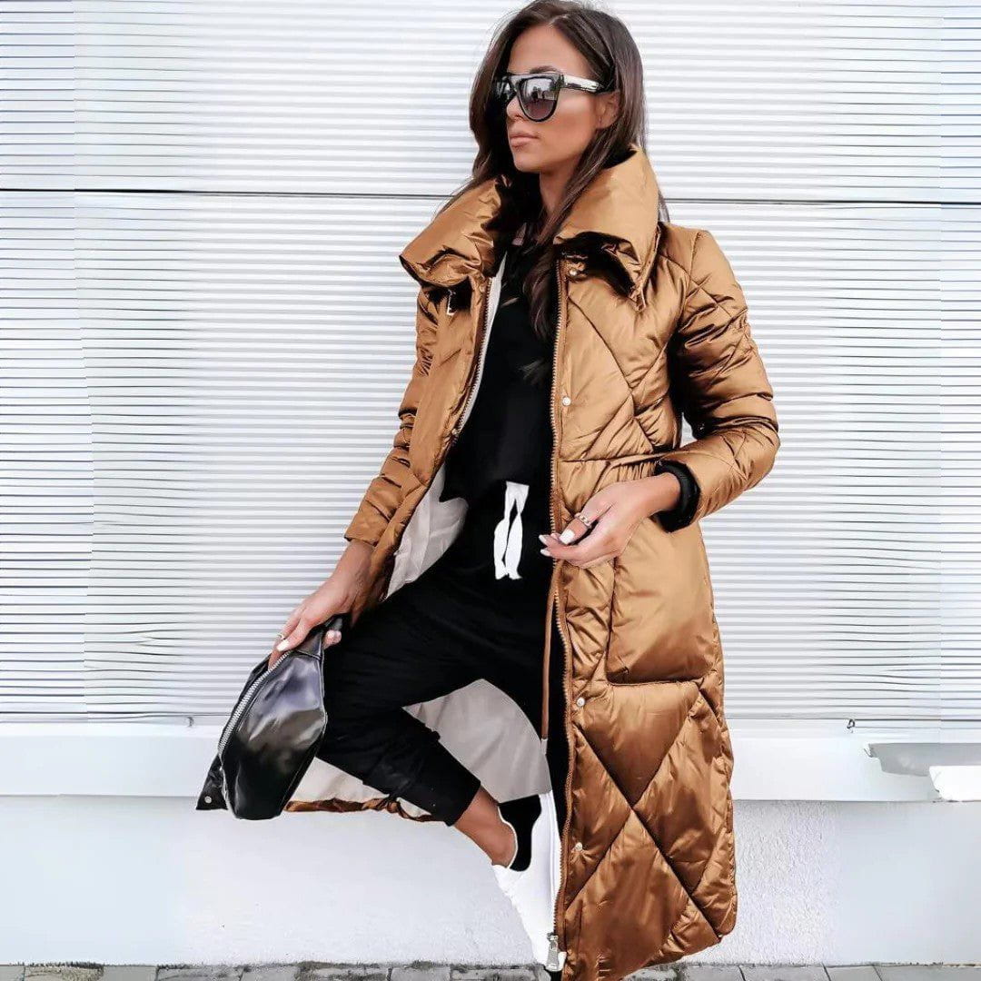 WW | Long Quilted Down Coat Black Shiny Warm, Modern and Sporty-Chic