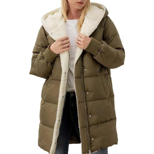 WW | Lange Daunenjacke mit Fleece-Futter, Kapuze und Druckknöpfen, Ultra-Wärme und Komfort