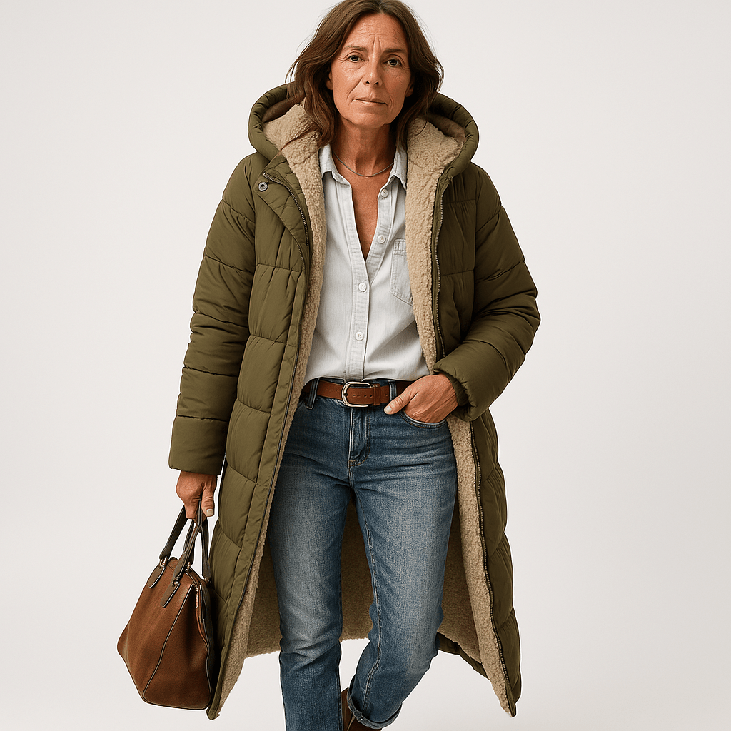 WW | Langer Steppmantel Khaki Mit Warmem Futter aus Faux-Fur Perfekt für den Winter