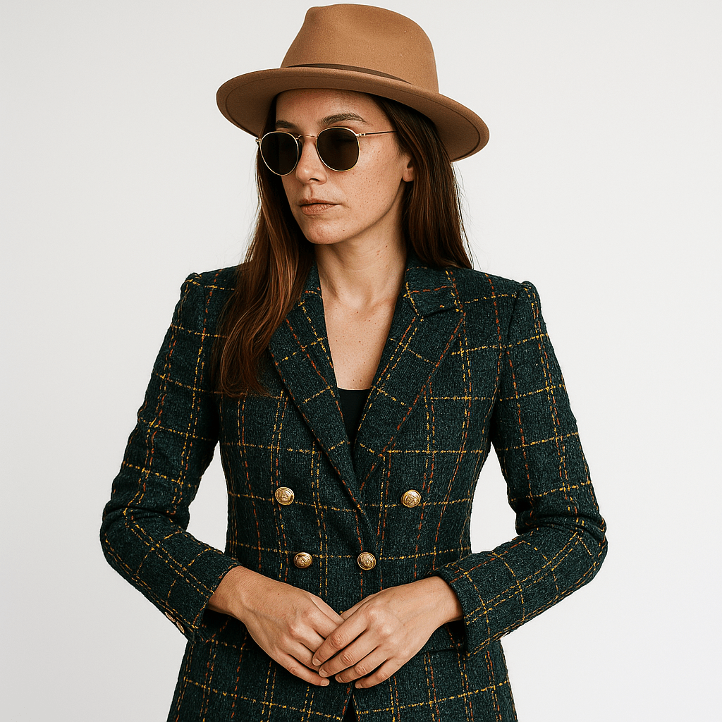 WW | Blazer in Karomuster Camel & Schwarz Mit Goldenen Knöpfen Strukturierte Eleganz