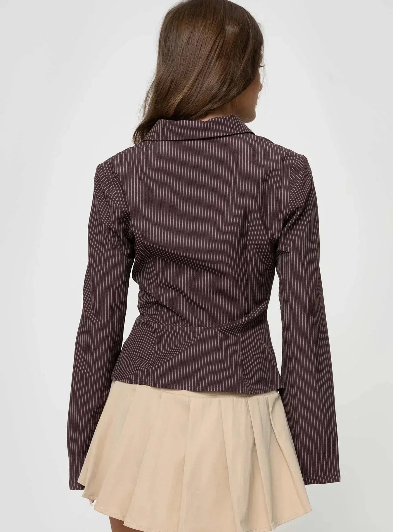 WW | Brown Striped Fitted Jacket with Flared Sleeves Retro Elegance