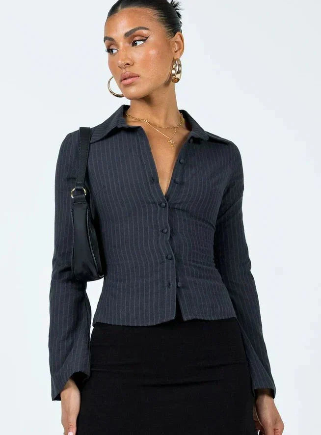 WW | Brown Striped Fitted Jacket with Flared Sleeves Retro Elegance