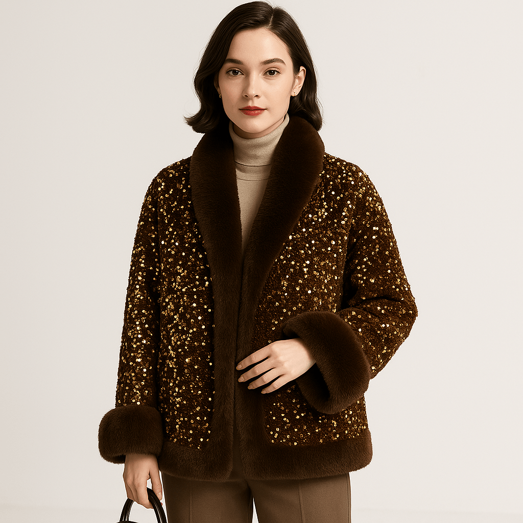 WW | Glitzerjacke aus warmem und elegantem Kunstfell im glamourösen Stil Winter