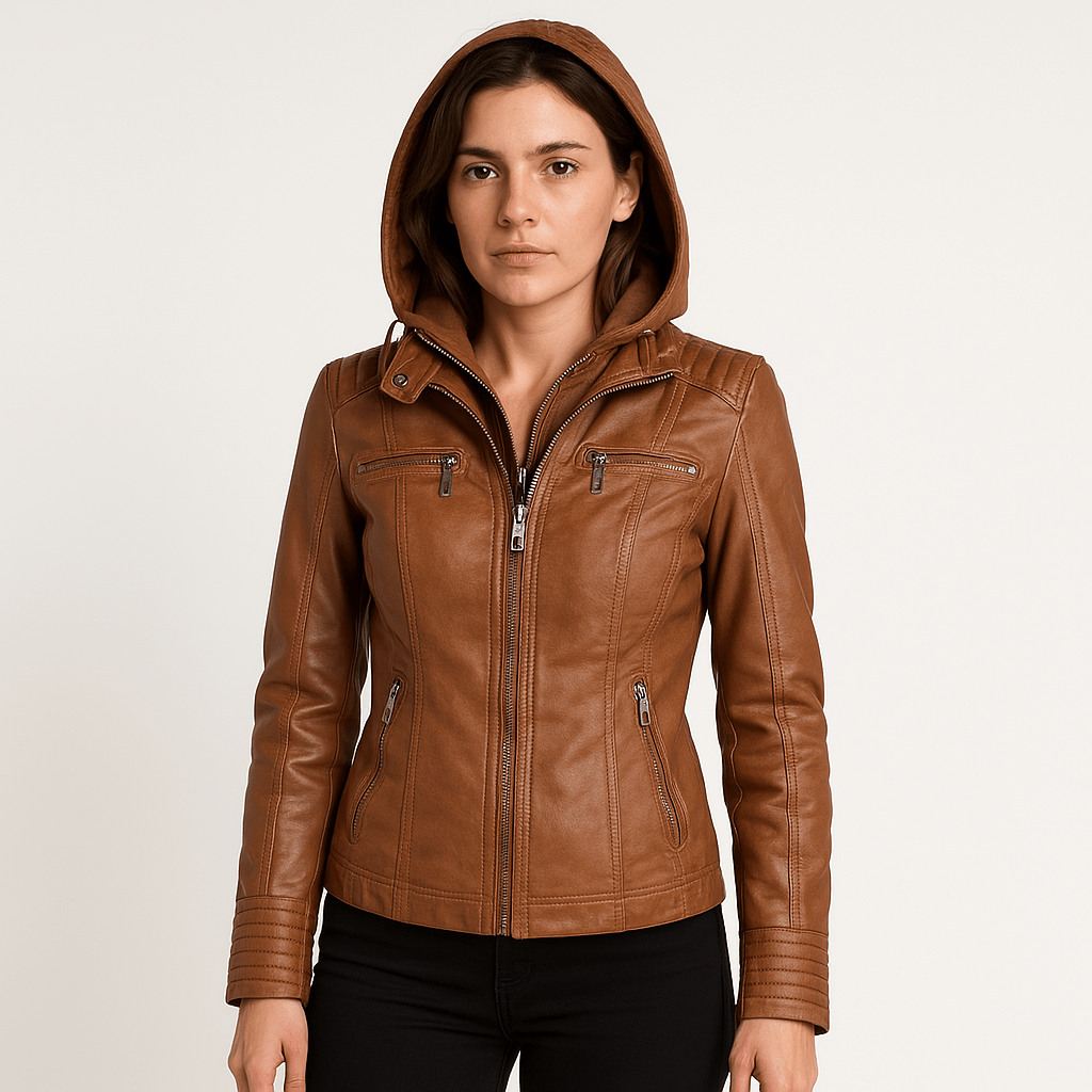 WW | Imitation Leather Jacket Brown in Biker Style with Hood Urban & Trendy Look