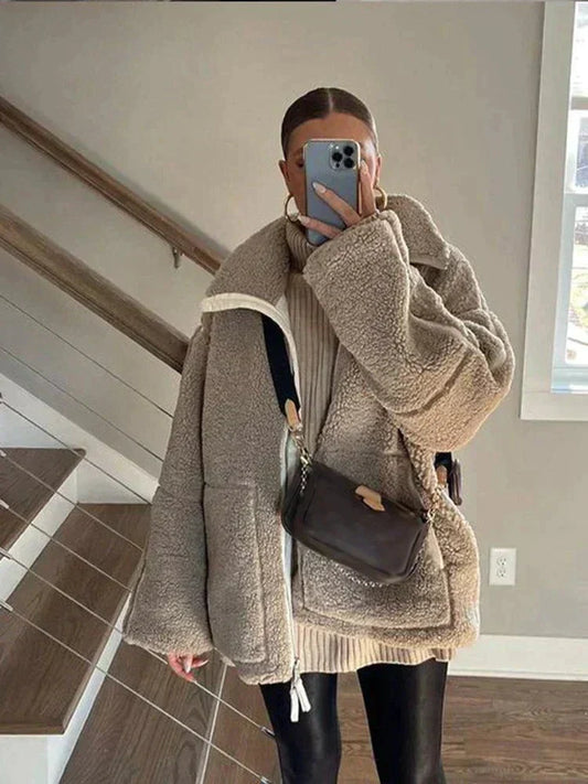 WW | Women's Jacket Lambskin Look & Oversize Warmth and Casual Style