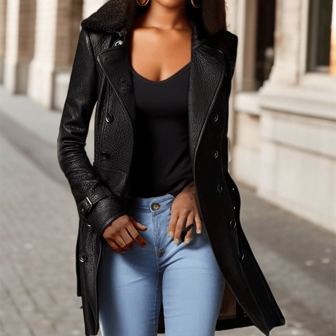 WW | Elegant and timeless long faux leather coat