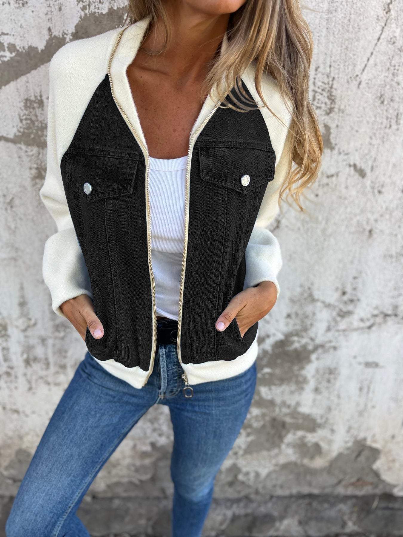 WW | Bi-material Denim and White Bomber Jacket Urban and Trendy Style