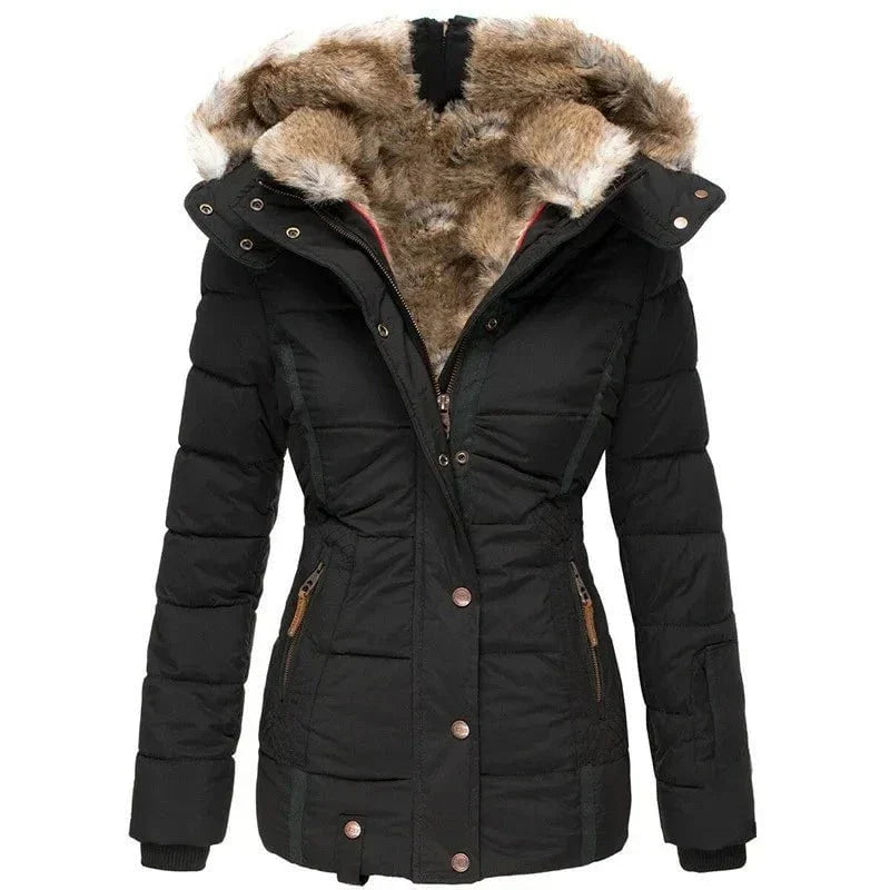 WW | Hooded winter down jacket, warm and elegant, with faux fur lining