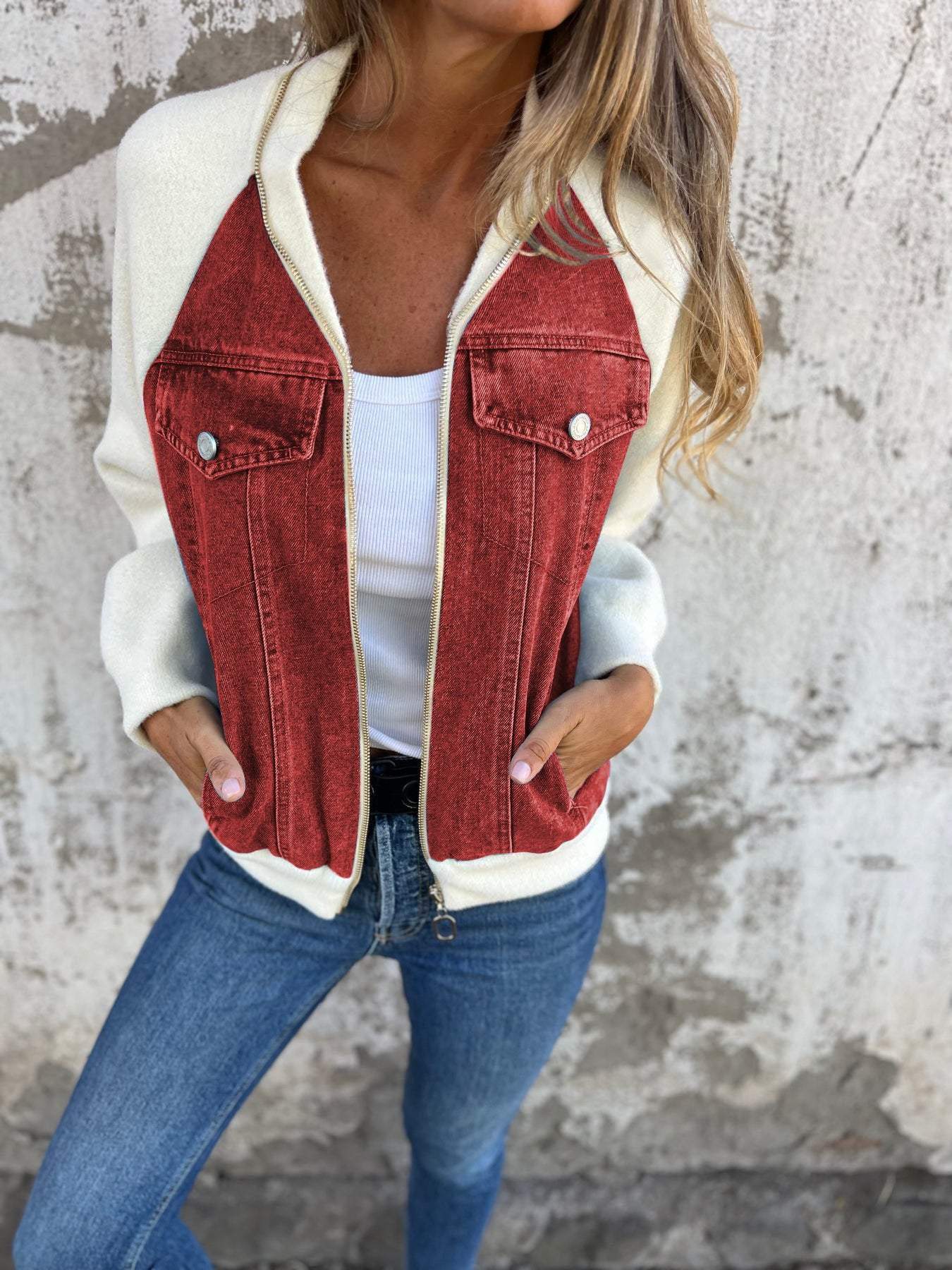 WW | Bi-material Denim and White Bomber Jacket Urban and Trendy Style