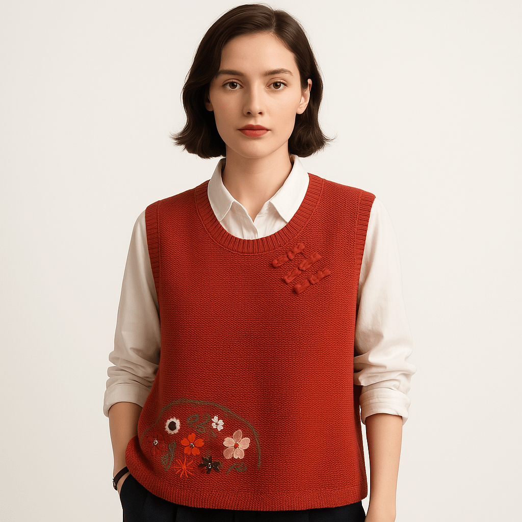 WW | Ärmellose bestickte Weste im Boho-Stil, weiter Schnitt & Knoten-Details