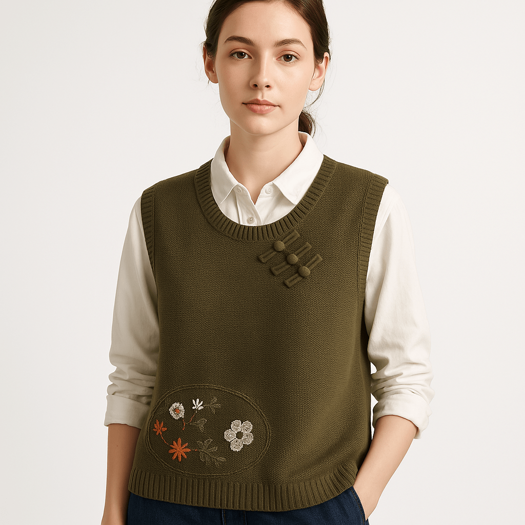 WW | Sleeveless embroidered Boho-style vest, loose fit & knot details