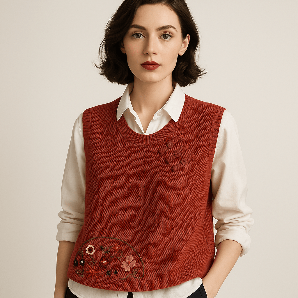 WW | Ärmellose bestickte Weste im Boho-Stil, weiter Schnitt & Knoten-Details