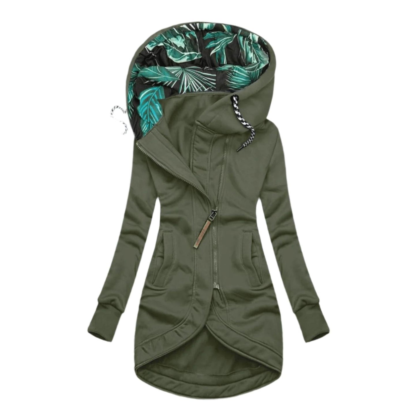 WW | Asymmetrische Kapuzenjacke - Fleece gefüttert - Blumendesign Innenkapuze - Outdoor Freizeitkleidung