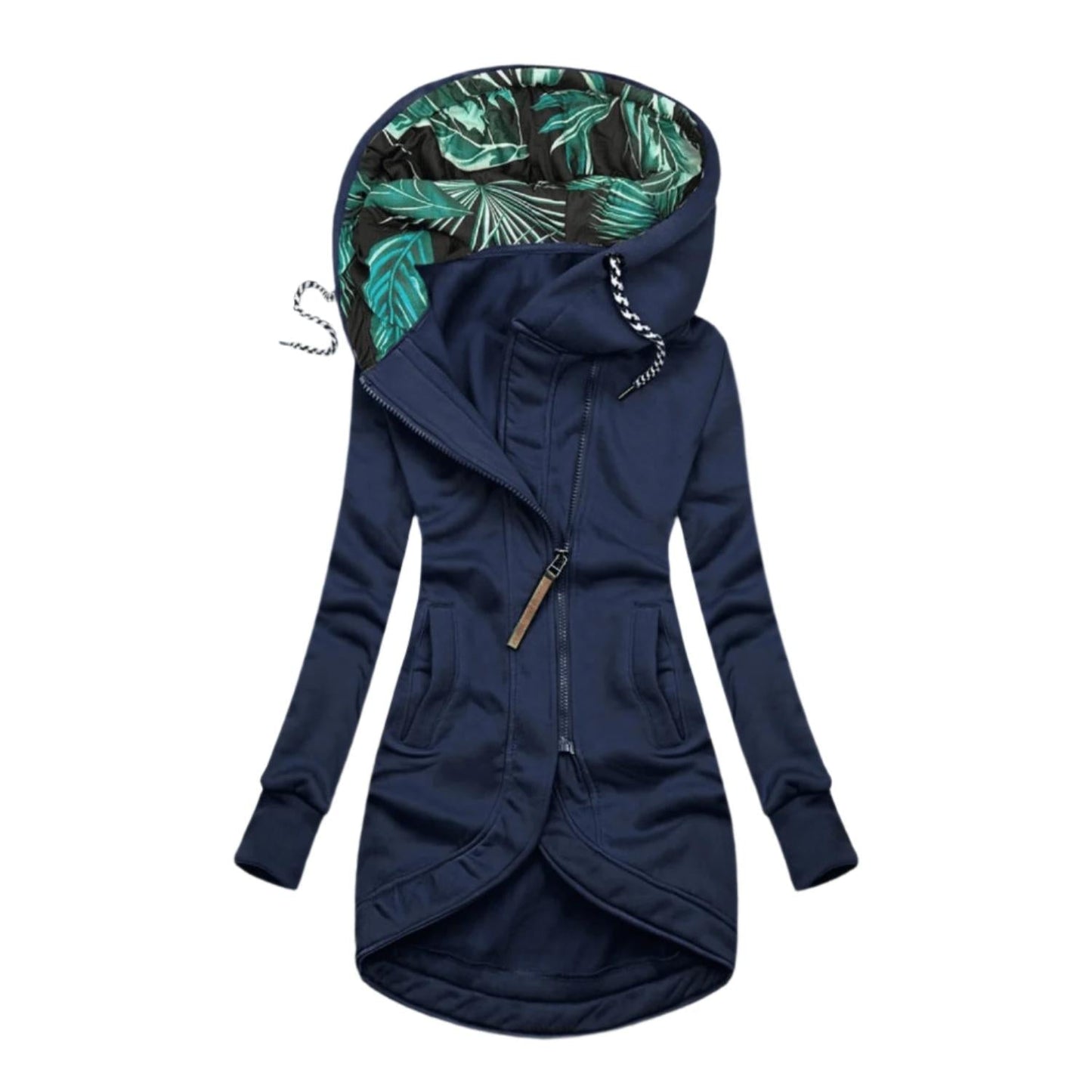 WW | Asymmetrische Kapuzenjacke - Fleece gefüttert - Blumendesign Innenkapuze - Outdoor Freizeitkleidung