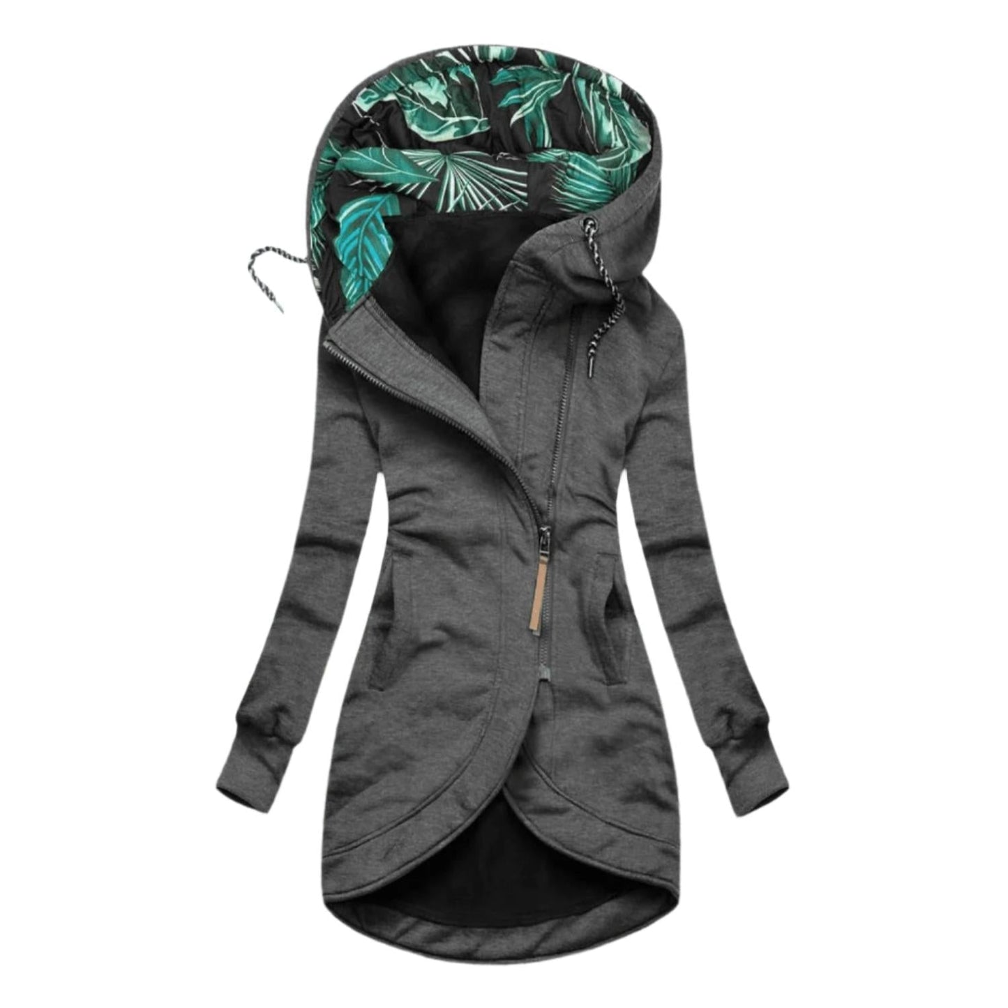 WW | Asymmetrische Kapuzenjacke - Fleece gefüttert - Blumendesign Innenkapuze - Outdoor Freizeitkleidung