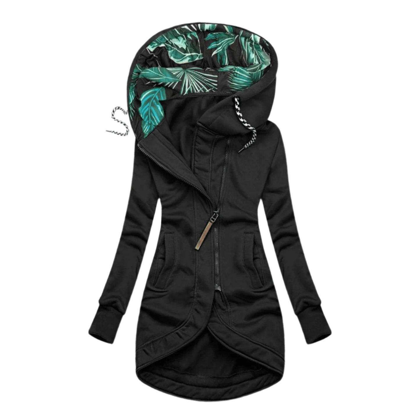 WW | Asymmetrische Kapuzenjacke - Fleece gefüttert - Blumendesign Innenkapuze - Outdoor Freizeitkleidung
