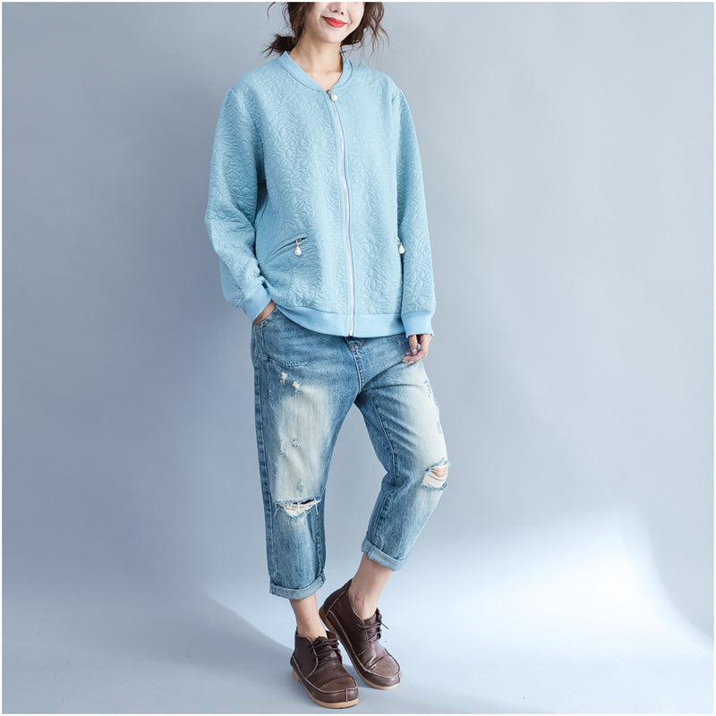 WW | Blue Jacquard Loose Cotton Jackets Plus Size with Zipper Cardigans Outerwear