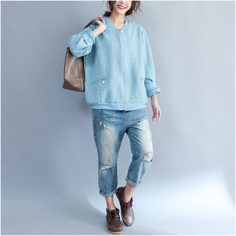 WW | Blue Jacquard Loose Cotton Jackets Plus Size with Zipper Cardigans Outerwear