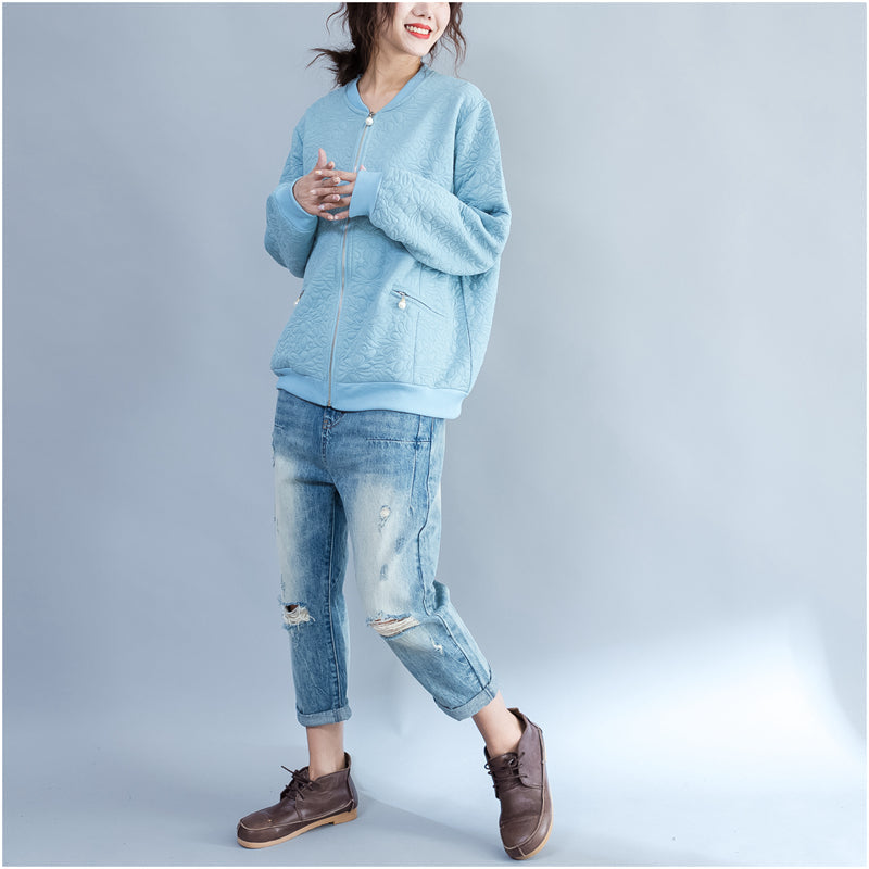 WW | Blue Jacquard Loose Cotton Jackets Plus Size with Zipper Cardigans Outerwear