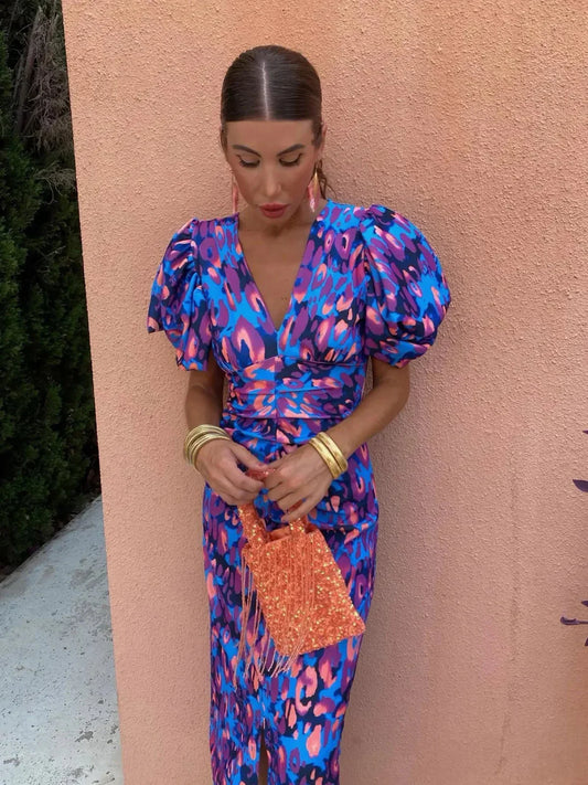 Rosalind | Colorful Pleated Sleeve Midi Dress